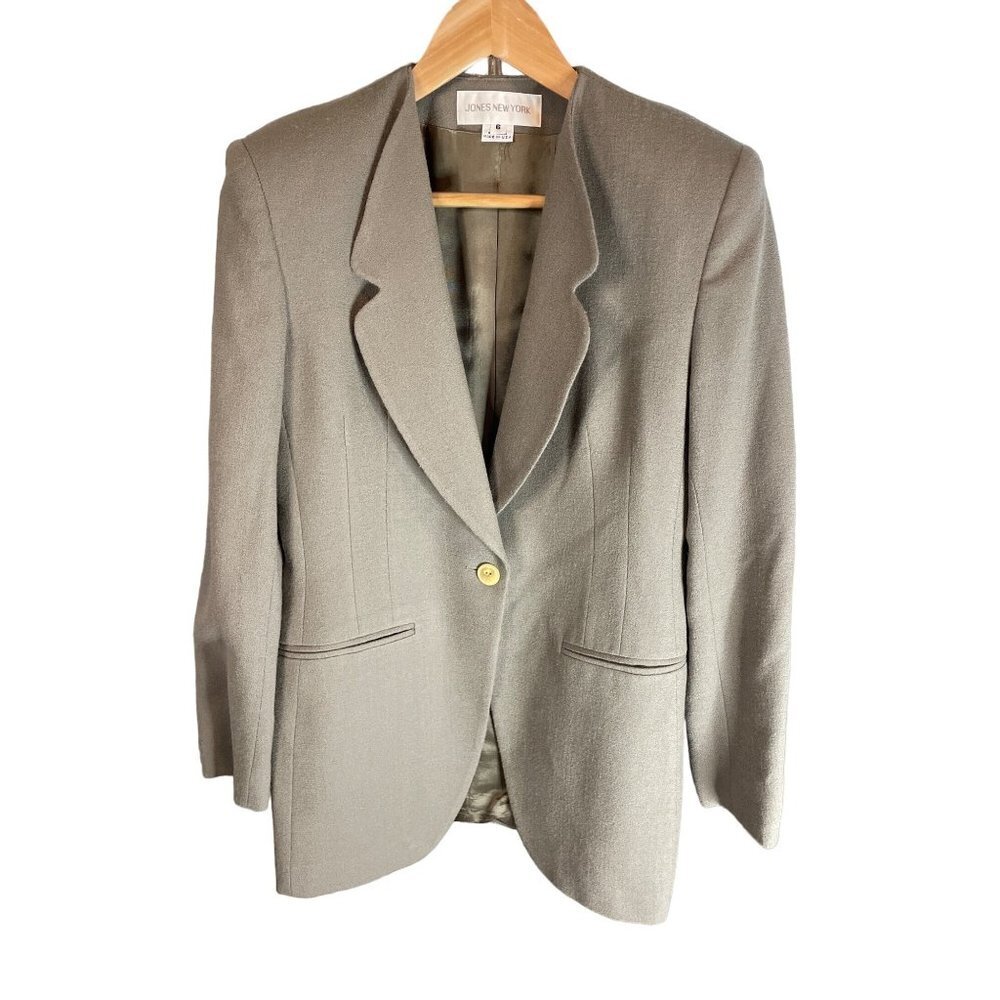Jones New York Sage Green Long Wool Single Button Made in USA Blazer Sz 8